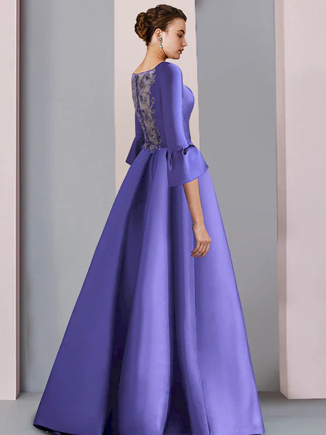 Wholesale A-Line Mother of the Bride Dress Formal Party Elegant Scoop Neck Floor Length Satin 3/4 Length Sleeve with Bow(s) Pleats Embroidery